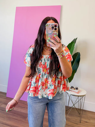 Summer Breeze Floral Top-Mint/Red