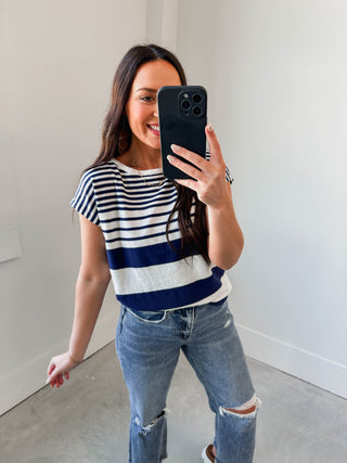 Jemma Striped Knit Top-Navy