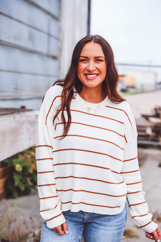 Cara Ribbed Sweater-Cream/Brown