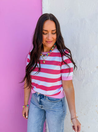 Liv Striped Knit Top-Pink