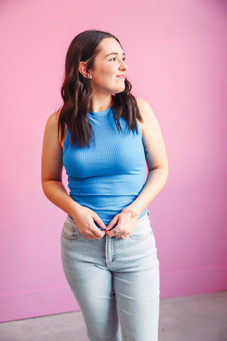 Jess Ribbed Tank-Ocean Blue