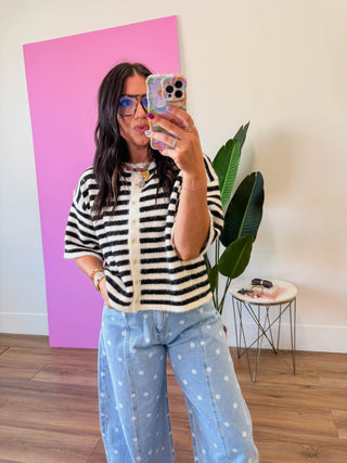 Gwen Striped Knit Top-Black