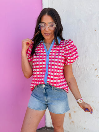 Gia Plaid Top-Pink