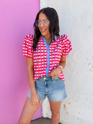 Gia Plaid Top-Pink