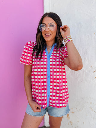Gia Plaid Top-Pink
