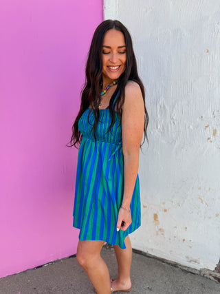 It Girl Striped Mini Dress-Blue/Green