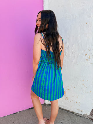 It Girl Striped Mini Dress-Blue/Green