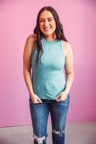 Jess Ribbed Tank-Dusty Teal