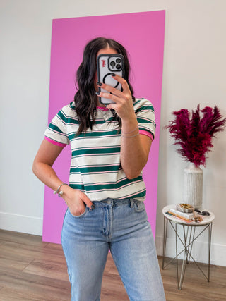 Emma Striped Tee-Green/Pink