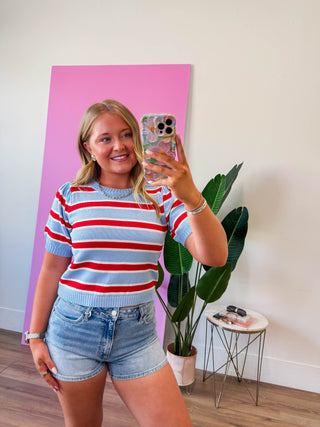Avery Striped Knit Top-Blue/Red