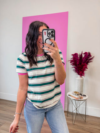 Emma Striped Tee-Green/Pink