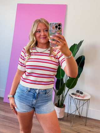 Avery Striped Knit Top-Cream/Pink