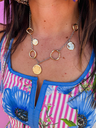 Gold & Silver Open Hammered Circle & Coin Necklace