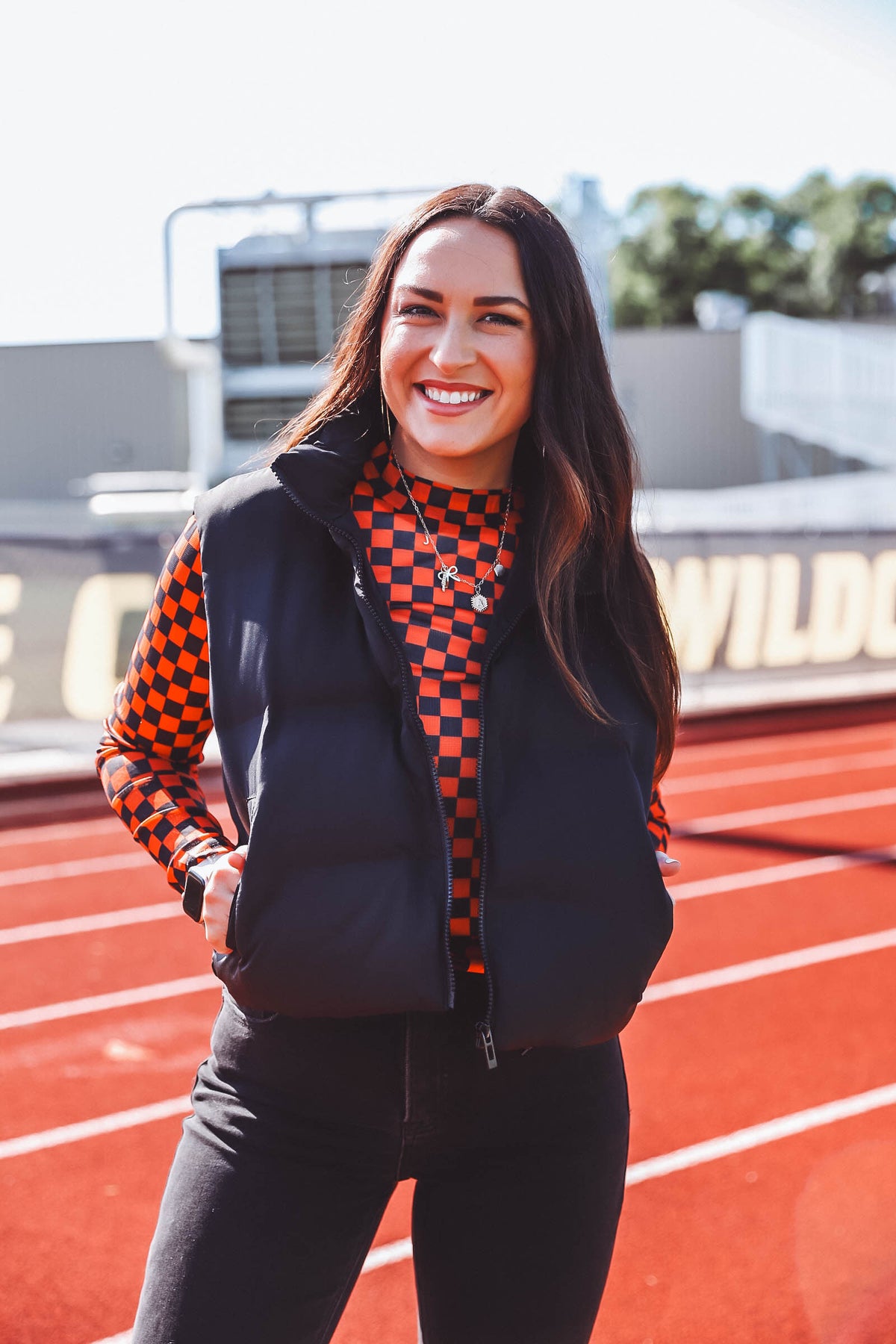 Checkered Mesh Top-Orange/Black