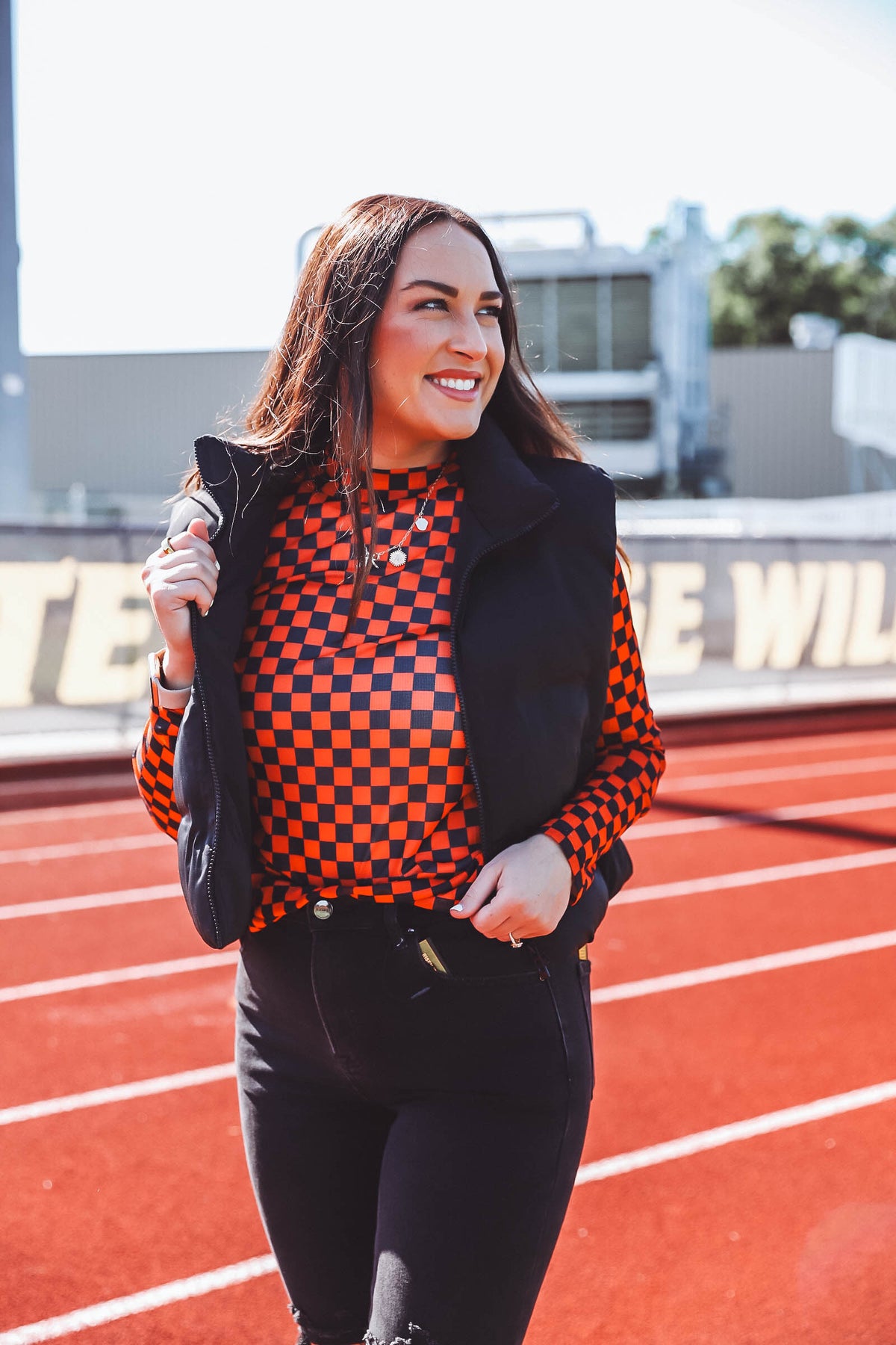 Checkered Mesh Top-Orange/Black