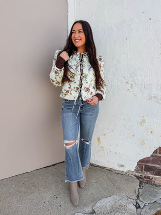Chelsy Floral Quilted Jacket-Ecru