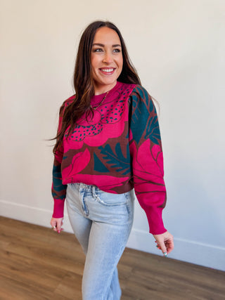 Zinnia Floral Sweater-Magenta Multi