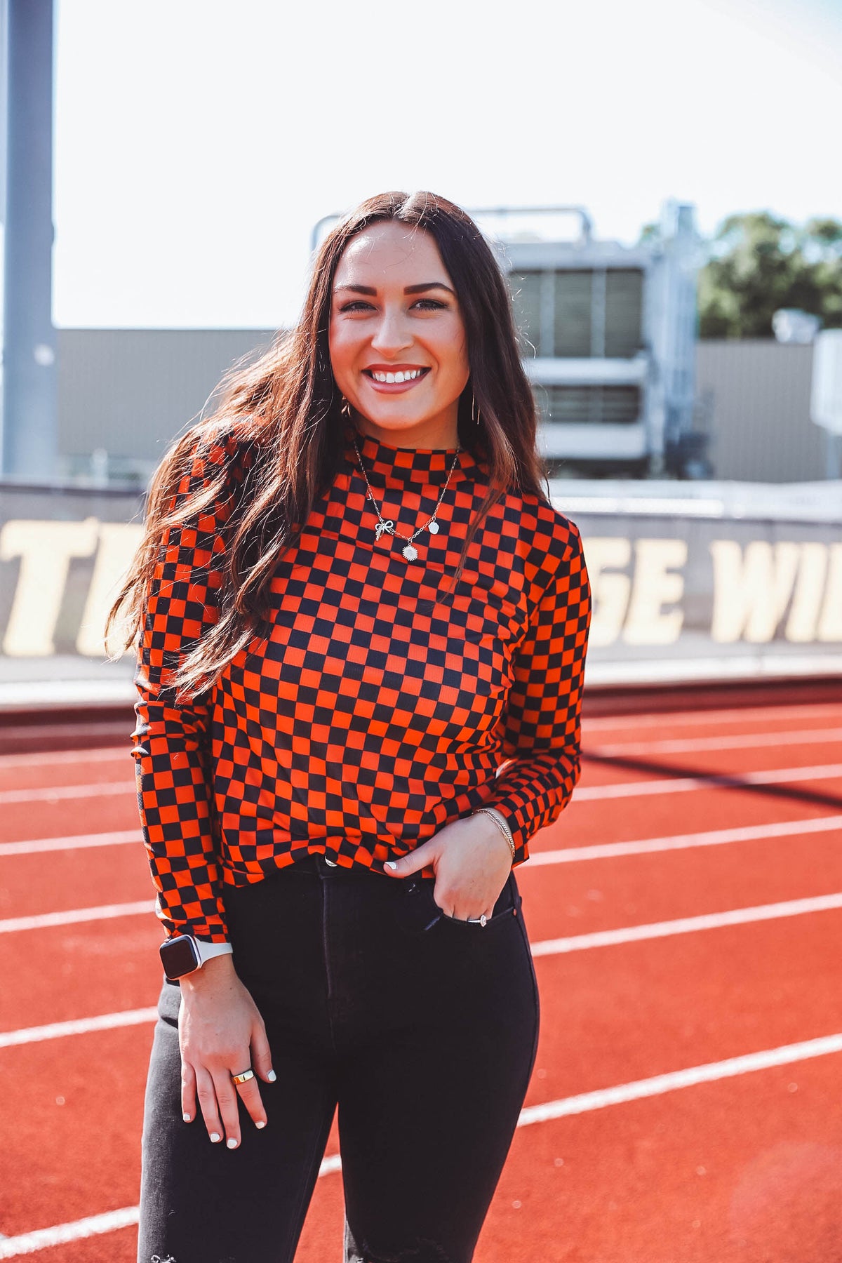 Checkered Mesh Top-Orange/Black