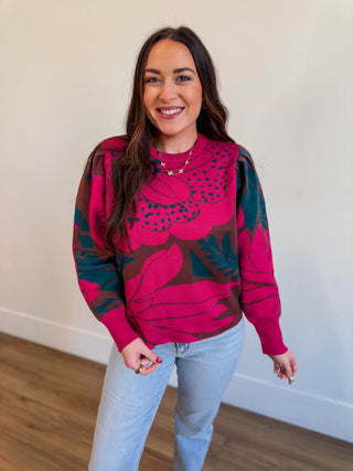 Zinnia Floral Sweater-Magenta Multi