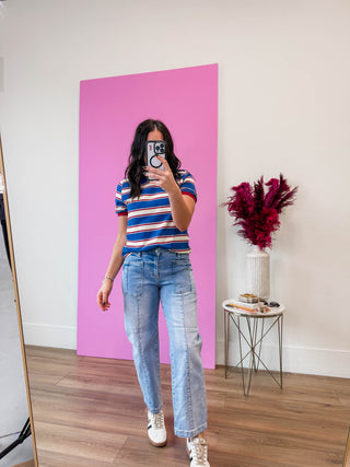 Emma Striped Tee-Denim/Burgundy