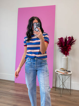 Emma Striped Tee-Denim/Burgundy