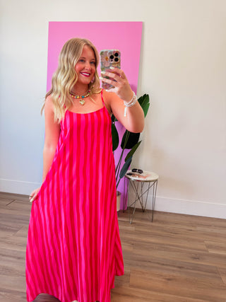 Uptown Striped Midi Dress-Red