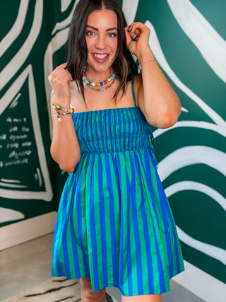 It Girl Striped Mini Dress-Blue/Green