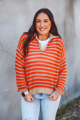 Adeline Striped Knit Sweater-Coral