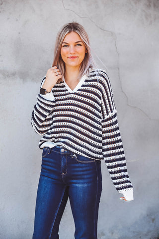 Adeline Striped Knit Sweater-Navy