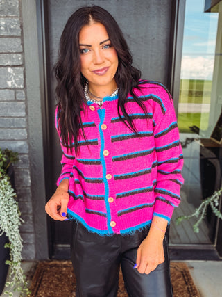 Nikki Striped Cardigan-Magenta Mix
