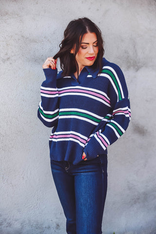 Lenny Striped Sweater-Navy