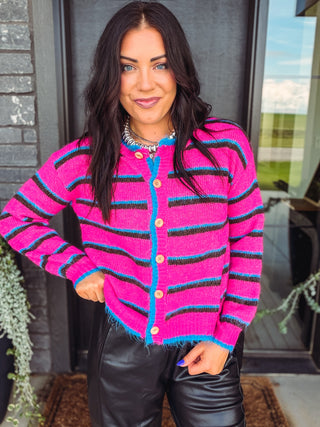 Nikki Striped Cardigan-Magenta Mix