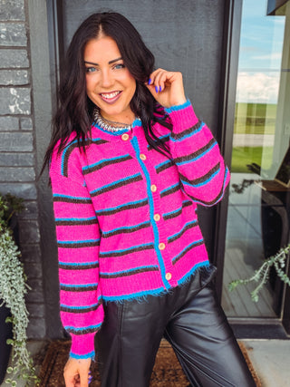 Nikki Striped Cardigan-Magenta Mix