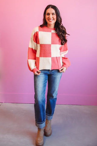 Cora Checkered Sweater-Coral