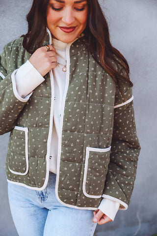 Elsie Floral Quilted Jacket-Olive