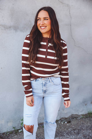 Keegan Striped Henley Top-Brown