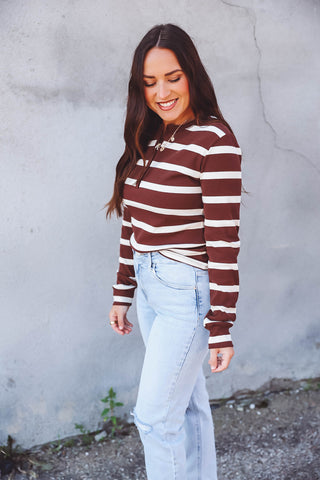 Keegan Striped Henley Top-Brown