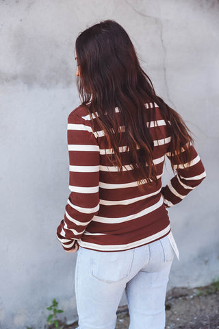 Keegan Striped Henley Top-Brown