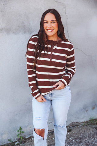 Keegan Striped Henley Top-Brown