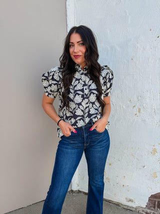 Lisa Floral Embroidered Top-Navy