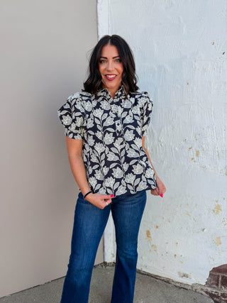 Lisa Floral Embroidered Top-Navy