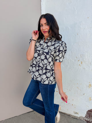 Lisa Floral Embroidered Top-Navy