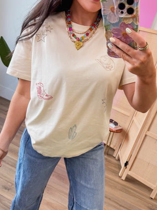 Western Icons Embroidered Tee-Ecru