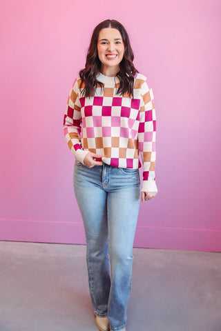 Josie Checkered Sweater-Pink