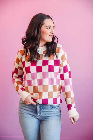 Josie Checkered Sweater-Pink