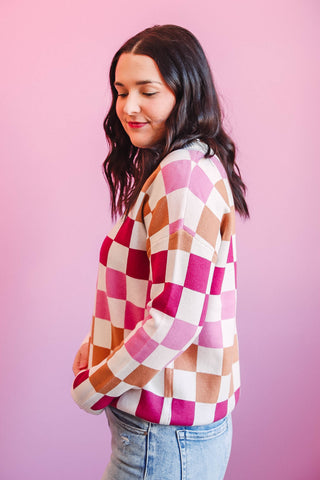 Josie Checkered Sweater-Pink