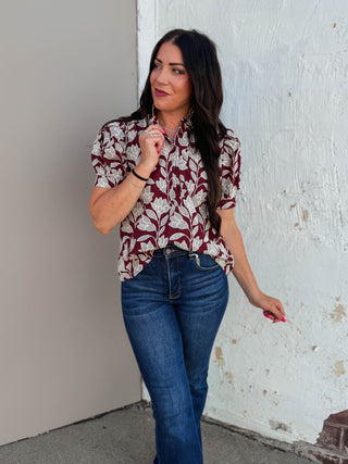 Lisa Floral Embroidered Top-Burgundy