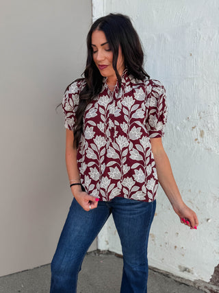 Lisa Floral Embroidered Top-Burgundy