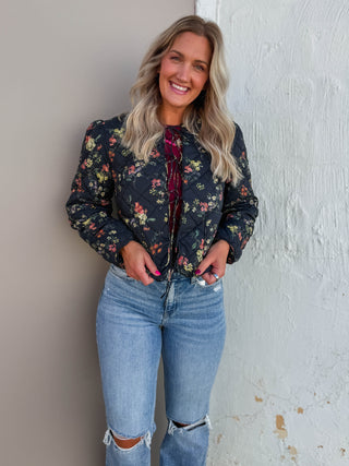 Chelsy Floral Quilted Jacket-Black
