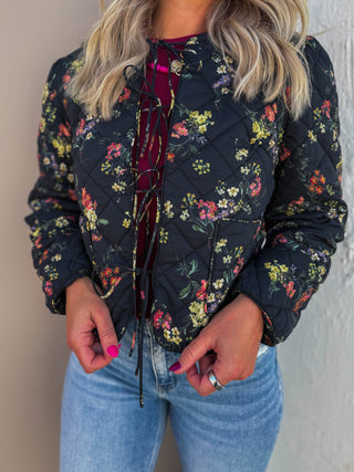 Chelsy Floral Quilted Jacket-Black
